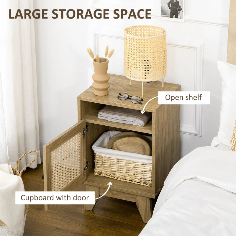 Natural Rattan Bedside Table with Shelf and Cupboard, 39x35x60cm