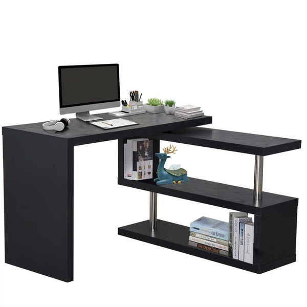 Black L-Shaped Rotating Corner Desk with Storage Shelf