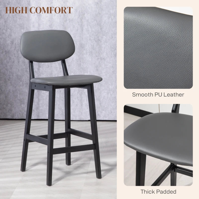 Dark Grey Faux Leather Bar Stools Set of 2 with Backs and Wooden Legs