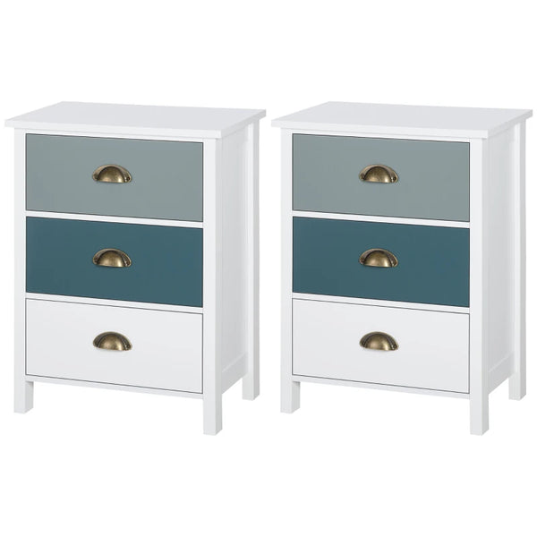 Grey and Blue 3-Drawer Shabby Chic Nightstand Set for Living Room and Bedroom