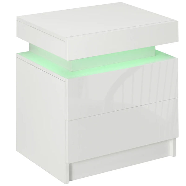White High Gloss LED Bedside Table with 2 Drawers
