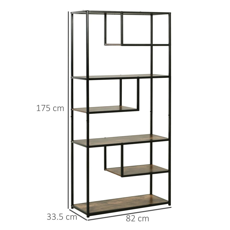 Industrial 6-Tier Tall Bookcase, Steel Frame, Rustic Brown/Black, 82x33.5x175cm