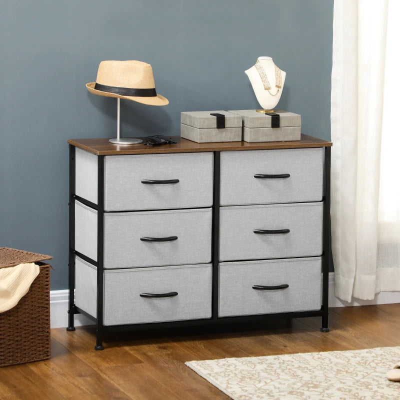 Grey Fabric 6-Drawer Industrial Dresser with Steel Frame and Wooden Top