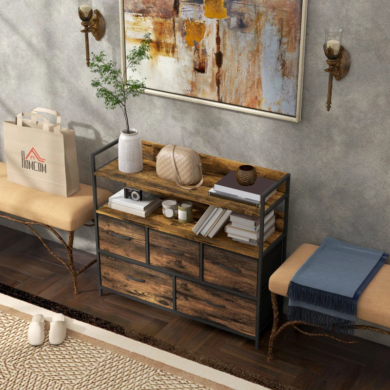 Rustic Brown Wood Effect 5-Drawer Fabric Chest