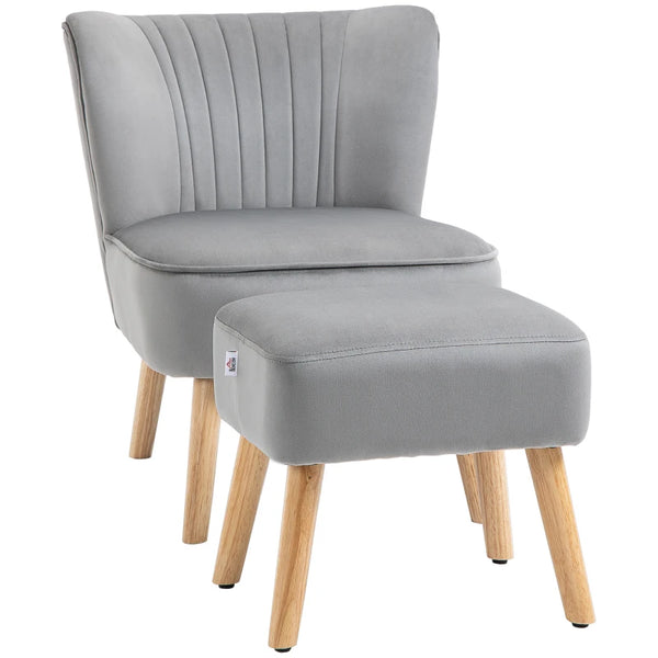 Light Grey Velvet Accent Chair with Ottoman - Curved Back, Wood Frame Legs