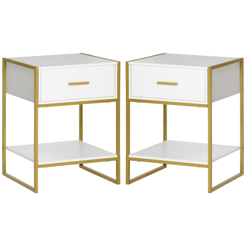 White and Gold Modern Bedside Tables with Drawer Shelf, Set of 2