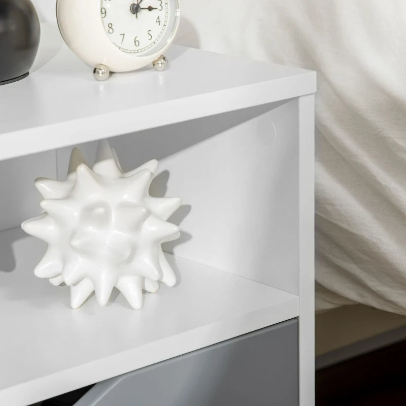 Modern White and Grey Bedside Table with Drawer and Shelf