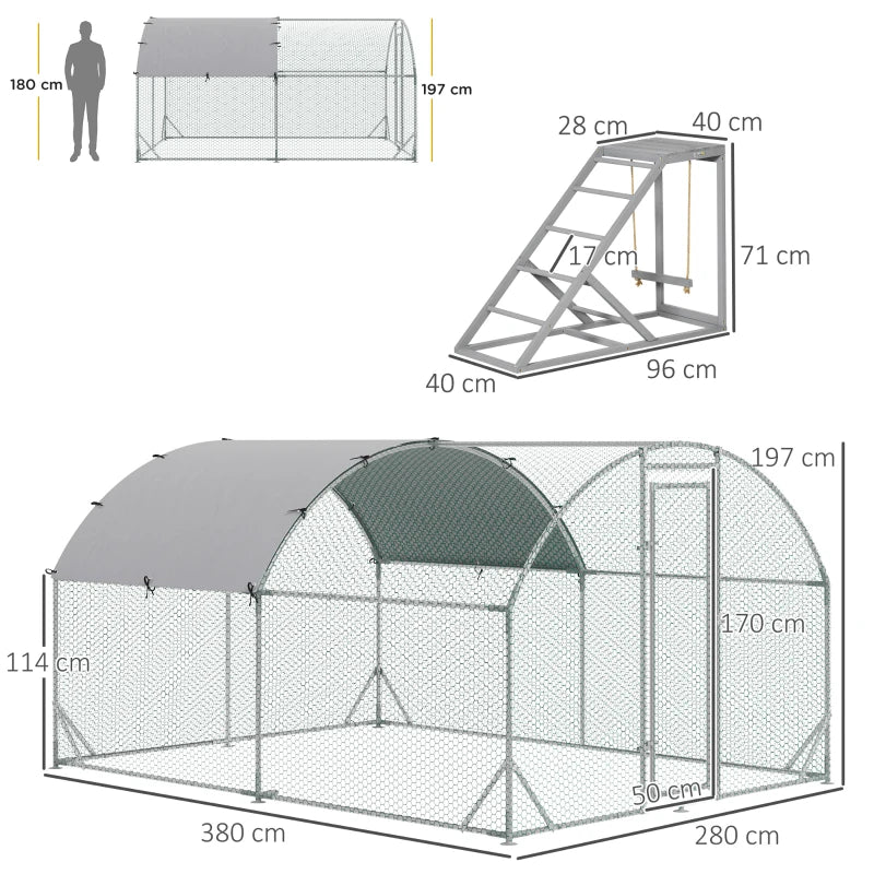 Large Chicken Run with Activity Shelf and Cover, 2.8 x 3.8 x 2m, Green