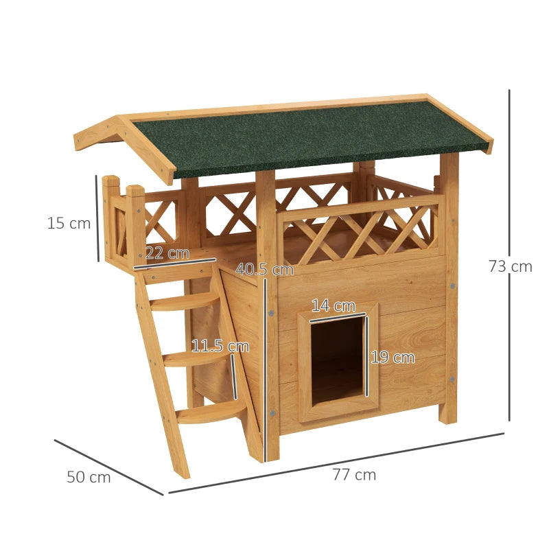 Outdoor Cat House with Balcony and Stairs, Natural Wood Finish, 77 x 50 x 73 cm