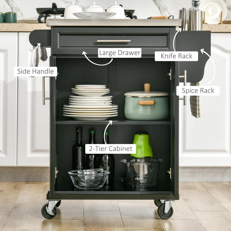 Black Wooden Kitchen Island Cart with Stainless Steel Top and Storage