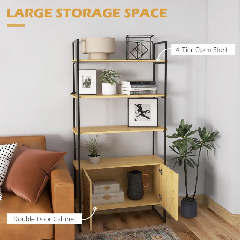 4-Tier Metal Display Shelf with Double Door Cabinet - Oak Tone