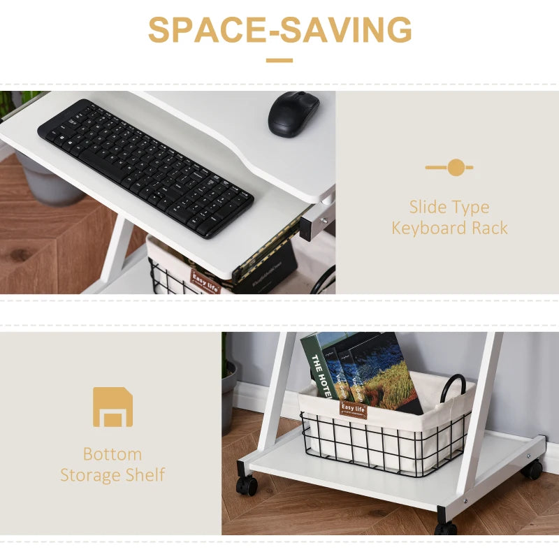 White Mobile Computer Desk with Sliding Keyboard Tray