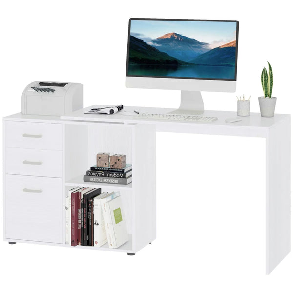 White L-Shaped Corner Desk with Drawers and Storage Shelves