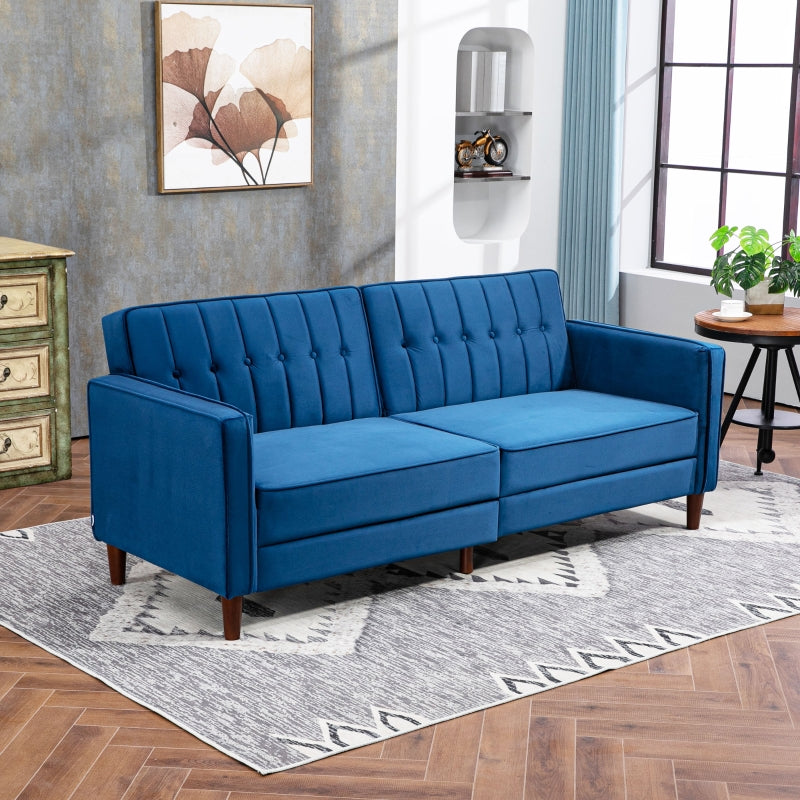 Blue Velvet Convertible Sofa Loveseat with Adjustable Split Back