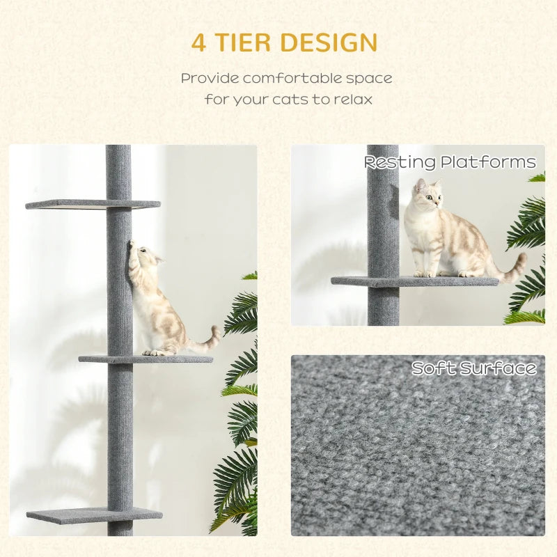 Grey 260cm Cat Tree with 3 Perches -  Floor-to-Ceiling Activity Center