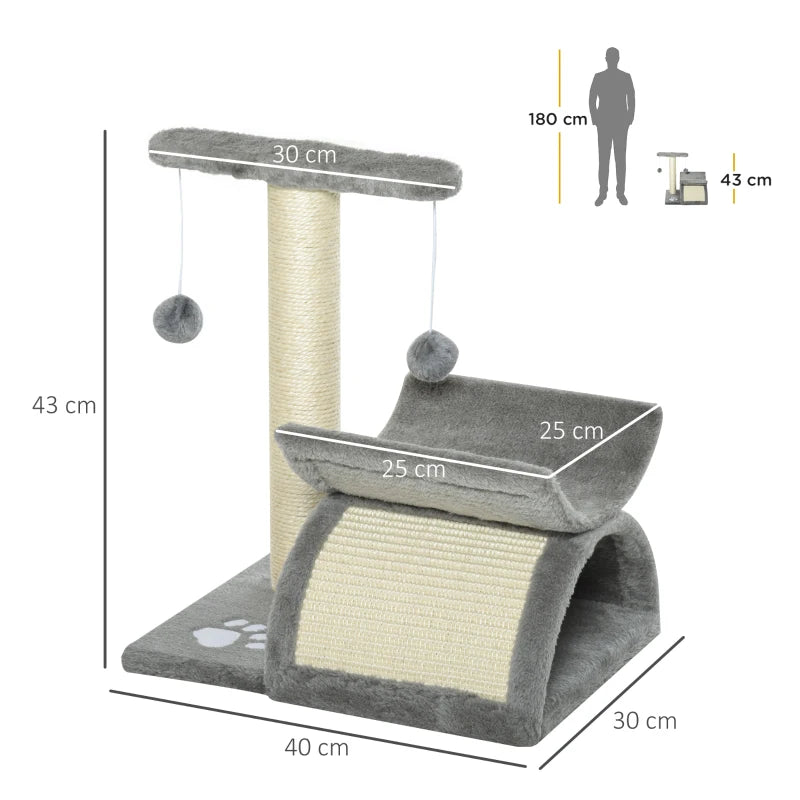 Grey Cat Tree with Rotating Top Bar, Scratching Post, Tunnel & Balls