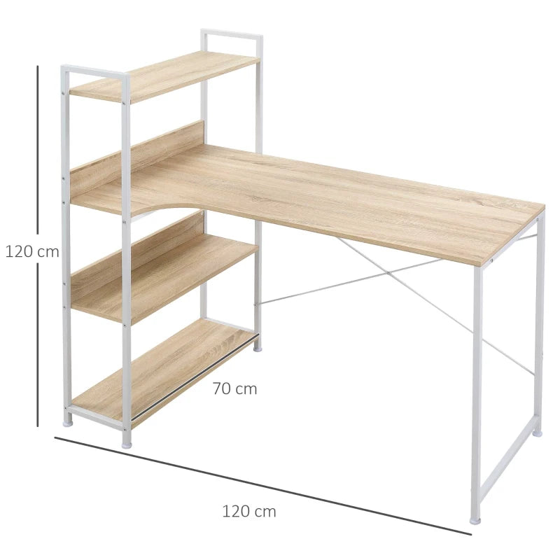 Oak Computer Desk with 4-Tier Storage Shelf and Bookshelf, Metal Frame - 120 x 70 x 120cm