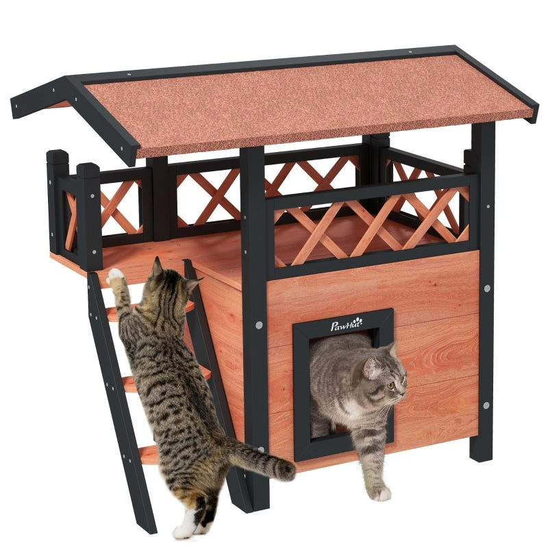 Brown Outdoor Cat House with Balcony and Stairs, 77 x 50 x 73 cm