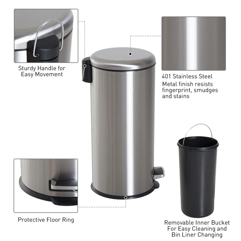 Silver Stainless Steel 30L Foot Pedal Kitchen Bin