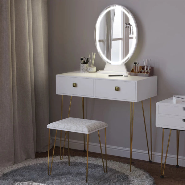 White Vanity Dressing Table Set with LED Light, Round Mirror, 2 Drawers, and Stool