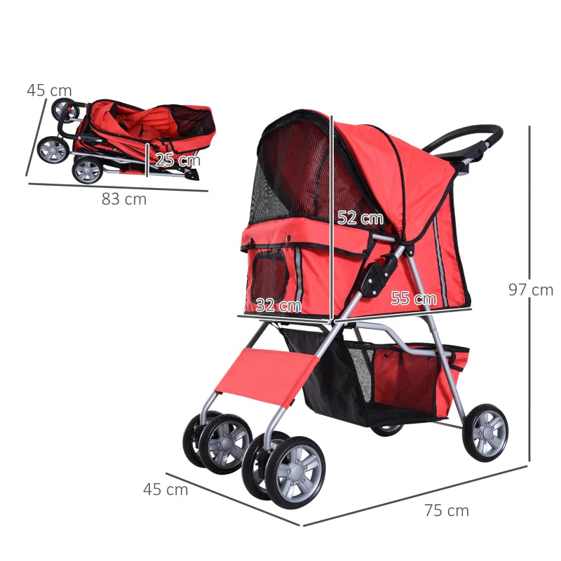 Red Pet Stroller for Small Pets - Foldable Travel Carriage with Wheels