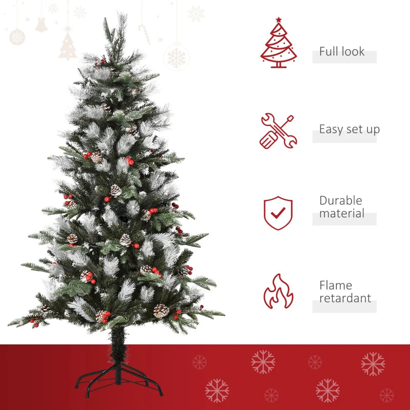 5FT Snow-Dipped Christmas Pencil Tree - Red Berries & White Pinecones