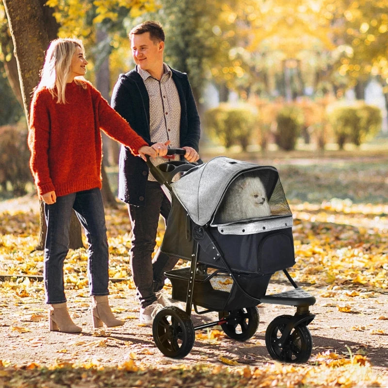 Grey Pet Stroller with Canopy & Storage for Small Pets