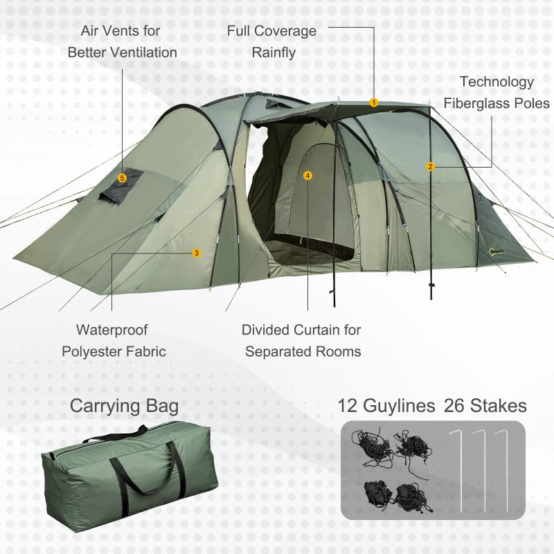 5-Person Two-Bedroom Tunnel Camping Tent in Green with Rainfly and Carry Bag