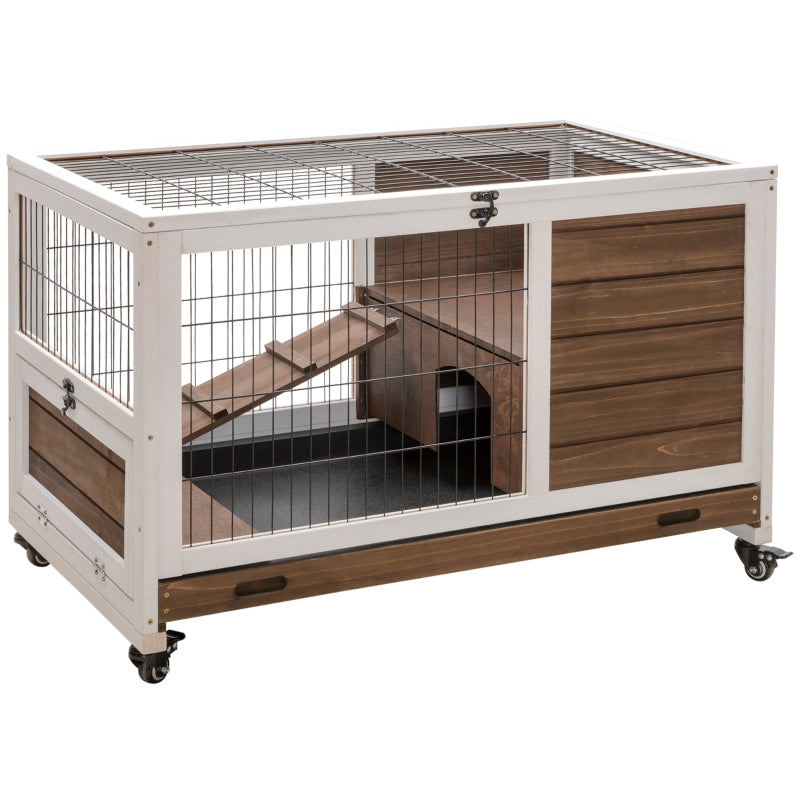 Brown Indoor Rabbit Hutch with Enclosed Run by