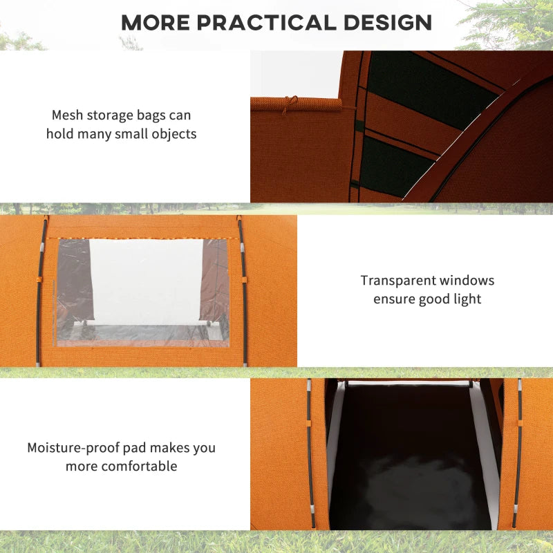 6-Person Orange Camping Tunnel Tent with Two Bedrooms and UV Protection