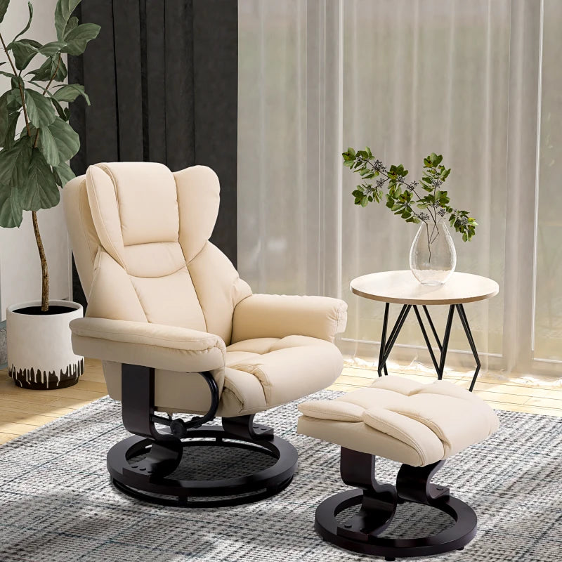 Cream Faux Leather Swivel Recliner Chair with Adjustable Backrest & Footstool