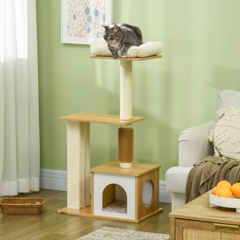 Oak Tone Cat Tree with Scratching Posts and Perches - 59.5 x 39.5 x 114cm