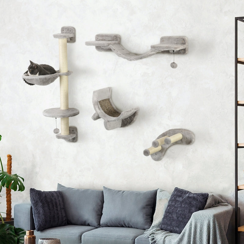 Grey Cat Wall Furniture Set with Hammock, Ladder, Platforms & Steps