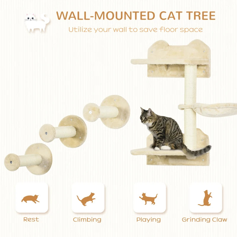 Beige Wall-Mounted Cat Tree with Scratching Post - 4 Piece Cat Shelf