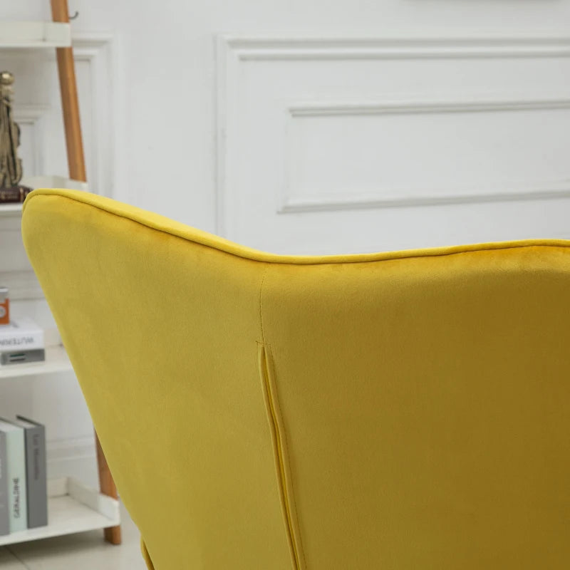 Yellow Velvet Tufted Wingback Armchair with Wood Legs