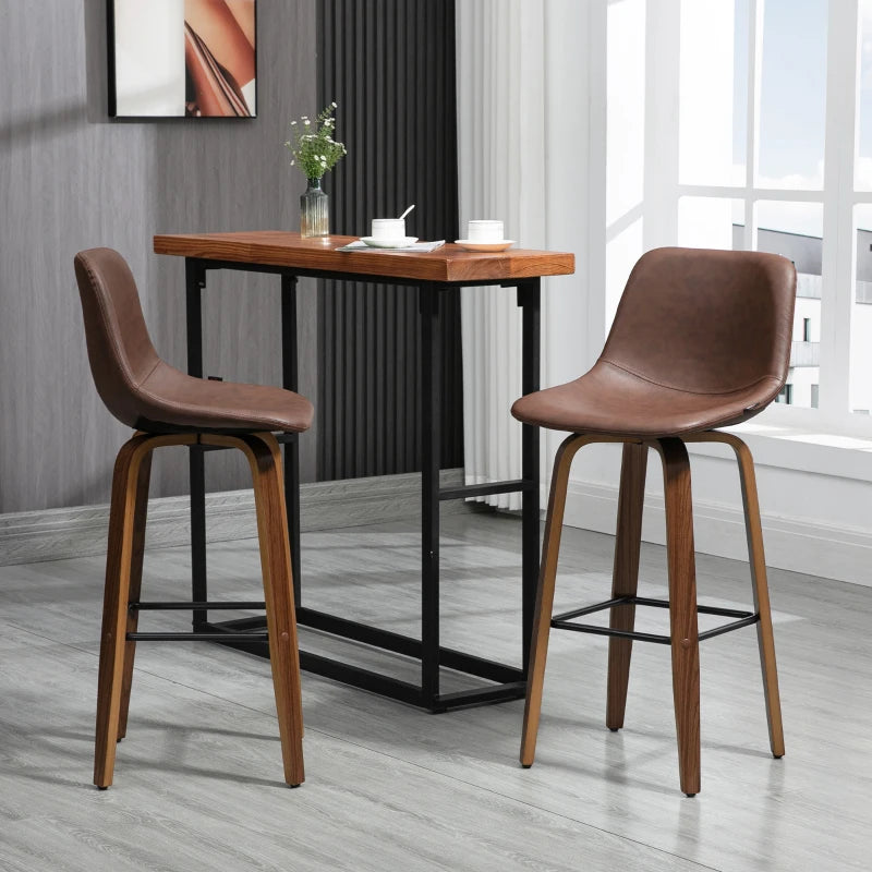 Brown PU Leather Bar Stools Set of 2 with Backs and Wood Legs