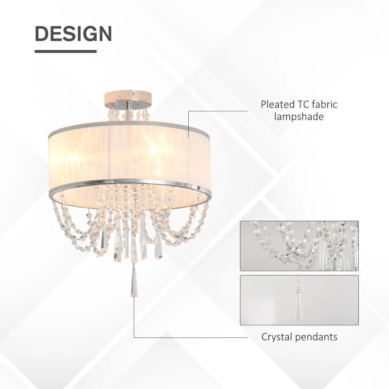 White Fabric Chandelier with Crystal Pendants for Home Decor