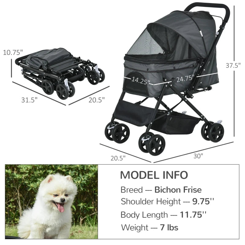 Foldable Pet Stroller with Reversible Handle - Blue