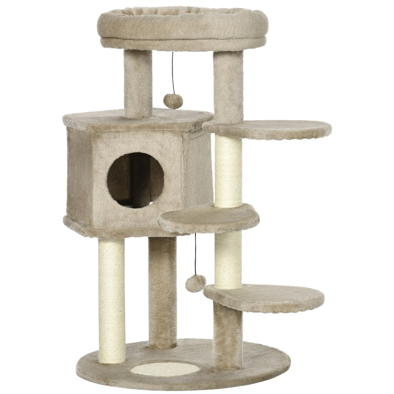 Brown Cat Tree with Multiple Levels, House, Bed & Toy Ball