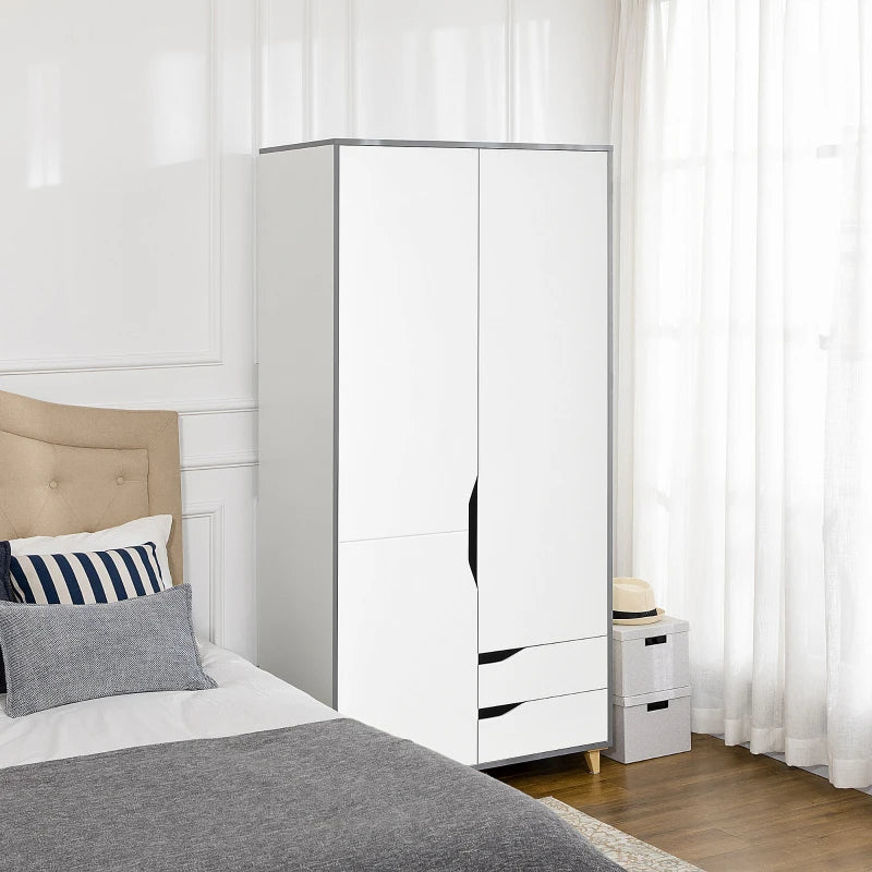 White Wardrobe with 2 Doors, 2 Drawers, Hanging Rail, Shelves - Bedroom Clothes Storage 89x50x185cm