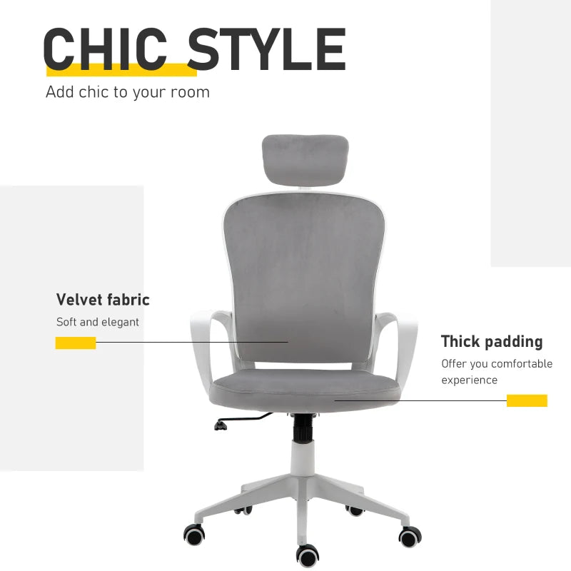 Grey Velvet Ergonomic Office Chair with Adjustable Headrest