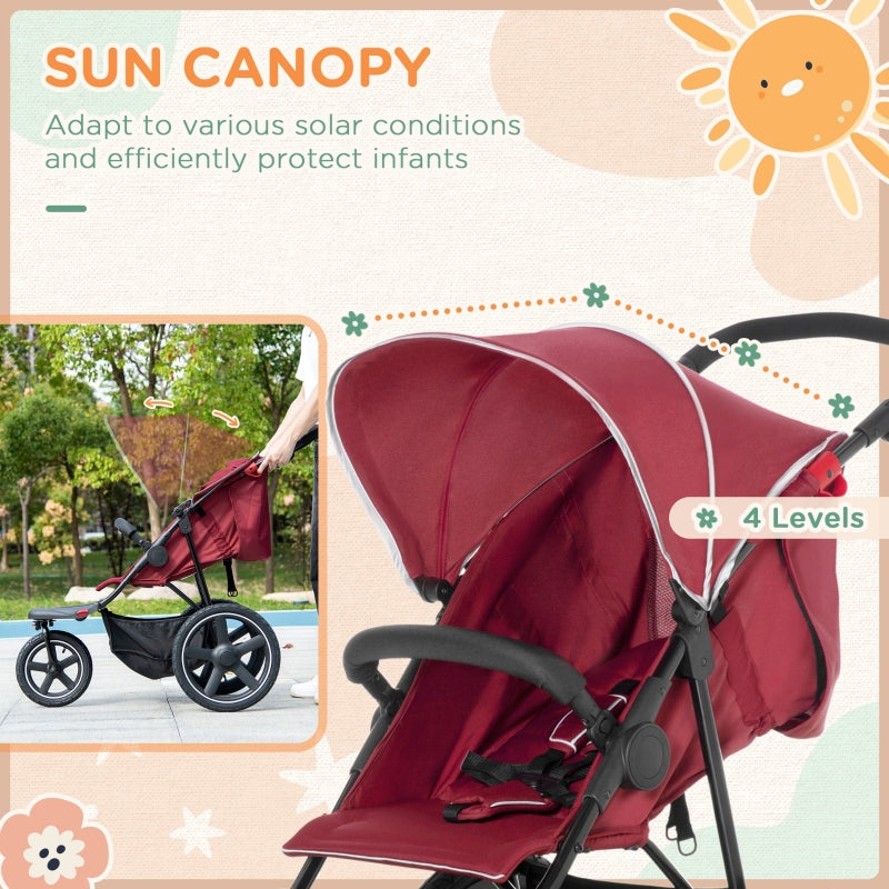 Red Foldable 3-Wheel Baby Stroller with Canopy and Storage Basket