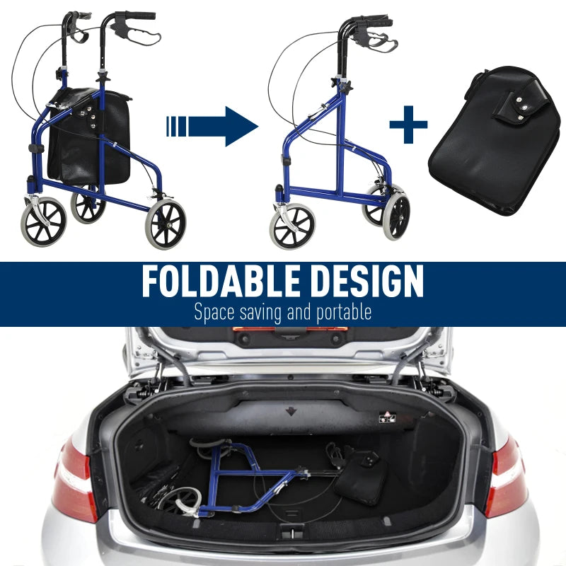 Blue/Black Foldable 3-Wheel Rollator with Bag