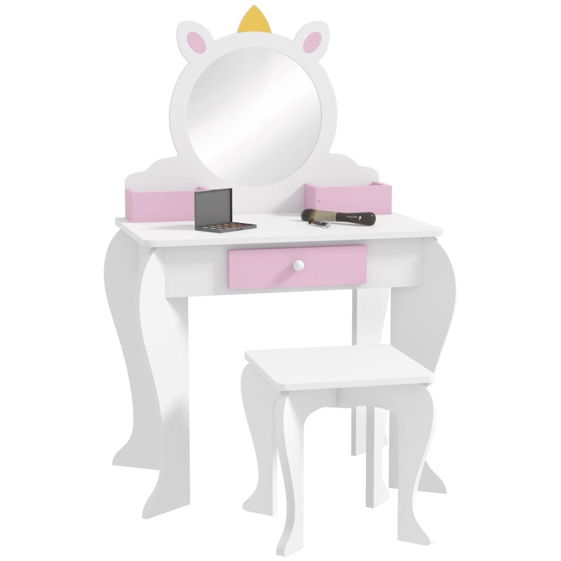 White Unicorn Kids Dressing Table Set with Mirror and Stool