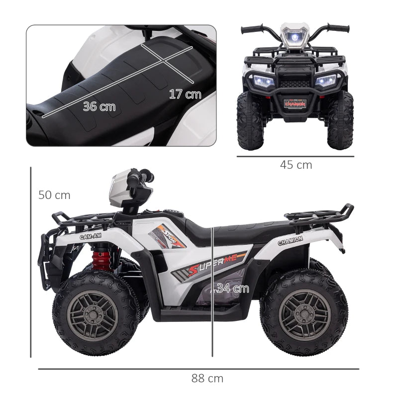 White Kids 12V Quad Bike with Music and LED Lights - Ages 3-5