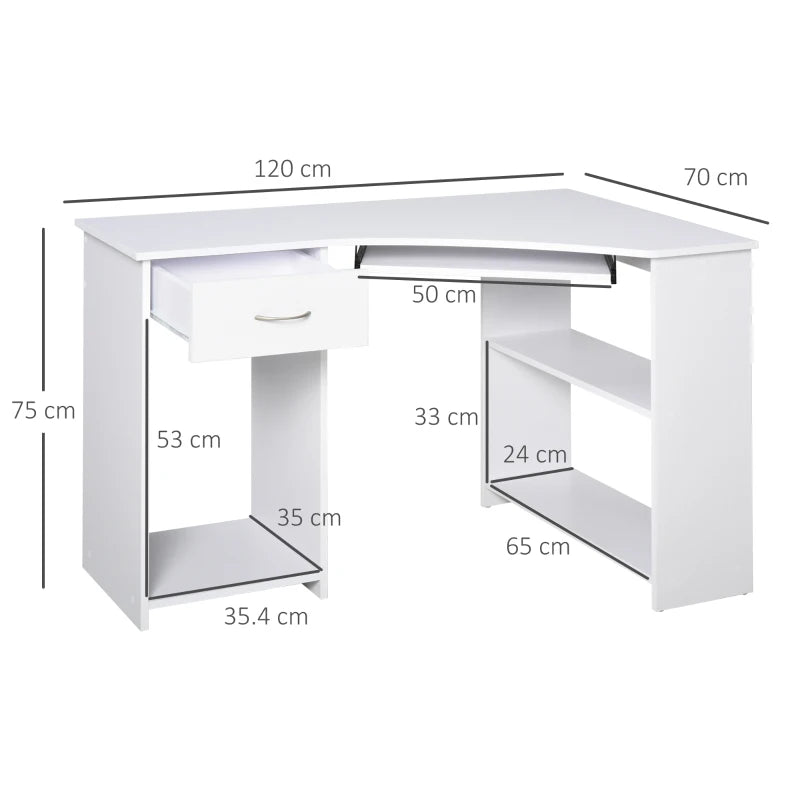 White L-Shaped Computer Desk with Shelves & Drawer