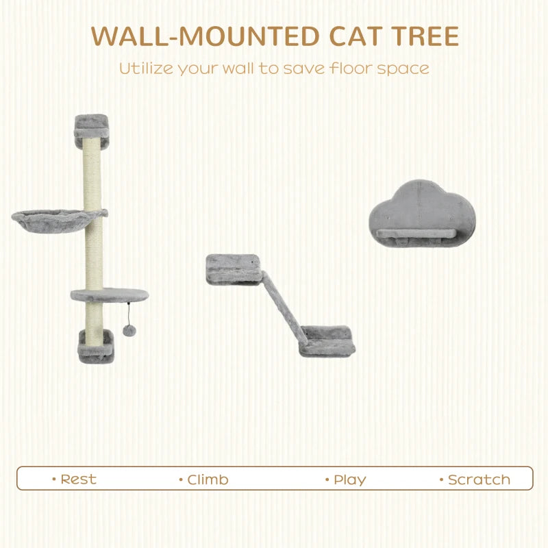 Grey Cat Wall Shelf Set with Hammock, Ladder, Platforms, Scratching Post