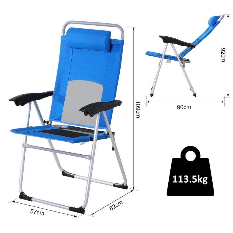 Blue Folding Camping Chair with Adjustable Recliner and Pillow