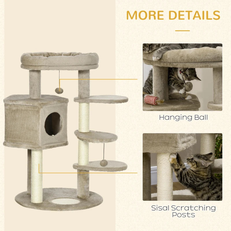 Brown Cat Tree with Multiple Levels, House, Bed & Toy Ball