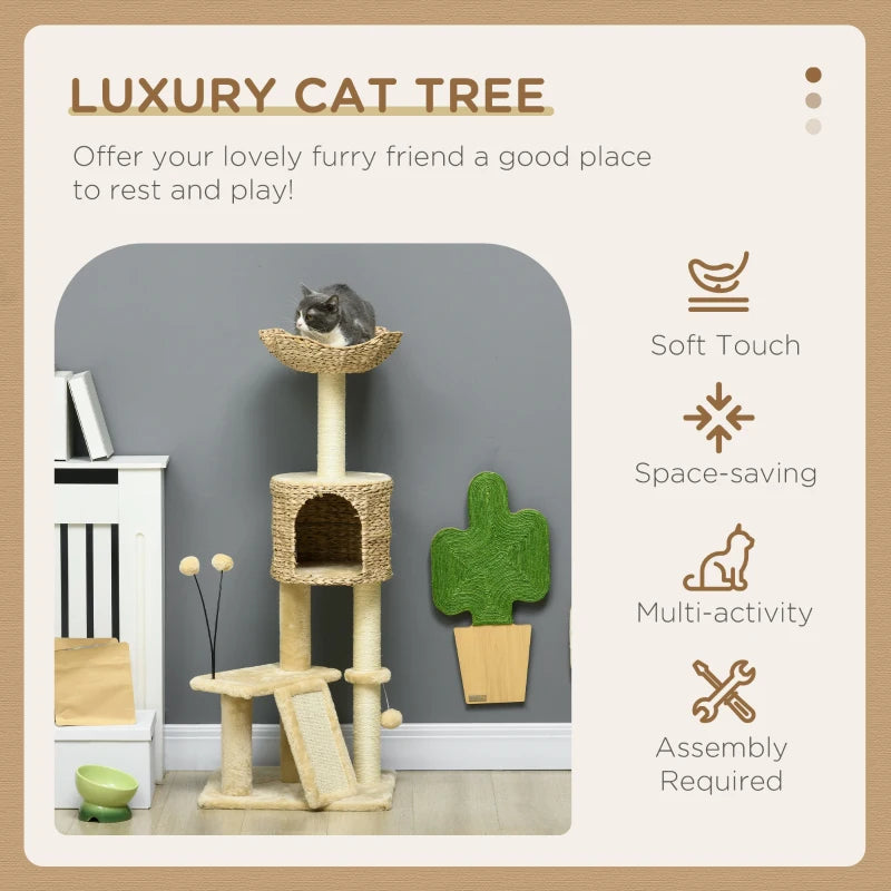 Beige Cat Tree Tower with Scratching Post, House, Bed, Toy Ball, Platform